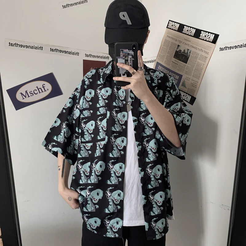 

3/4 Sleeve Shirts for Women Summer Blouse Dinosaur Print Korean Ventilated Lapel Streetwear Single Breasted Women Shirt Casual