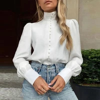 long sleeve blouses elegant shirt turtleneck cotton white blouse shirts fashion womens pure color tops 2021 spring autumn new
