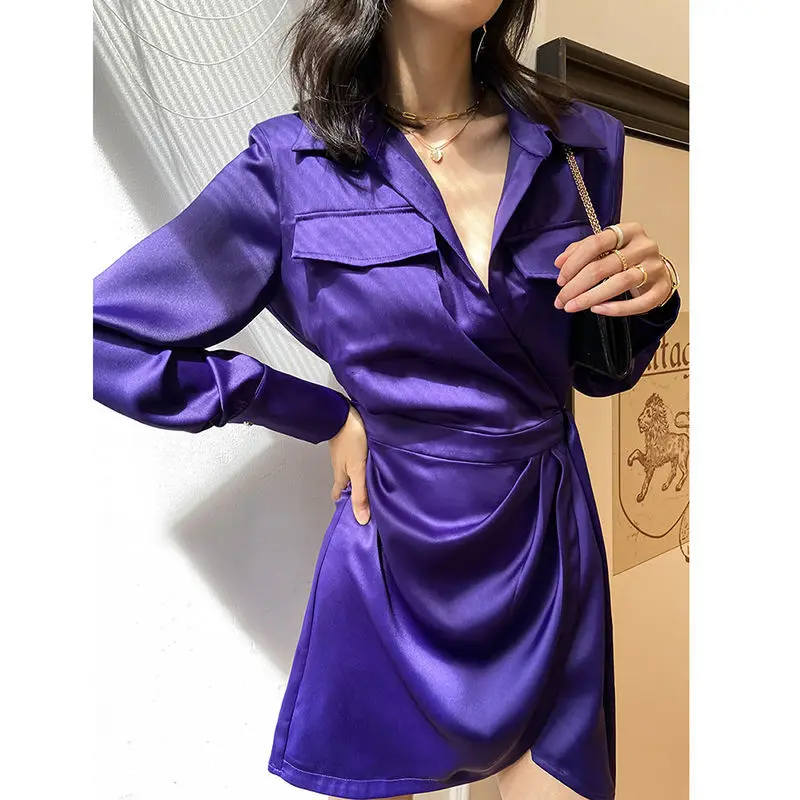 

Purple Casual Dress Women High Waist Lace Up Pockets Loose Lapel Long Sleeve Dresses Female 2021 Summer Style