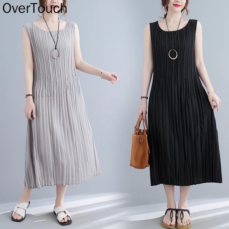 

2021 Plus Size Summer Dress Chiffon Sundress Pleated Fashion Women Clothing Lady Long Dress Casual Sleeveless Oversize