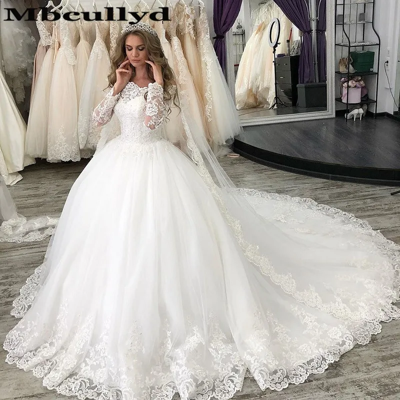 

Mbcullyd Luxury Lace African Wedding Dresses 2023 Elegant Long Sleeves Church Gowns For Women Ball Gown Tulle Vestido de noiva