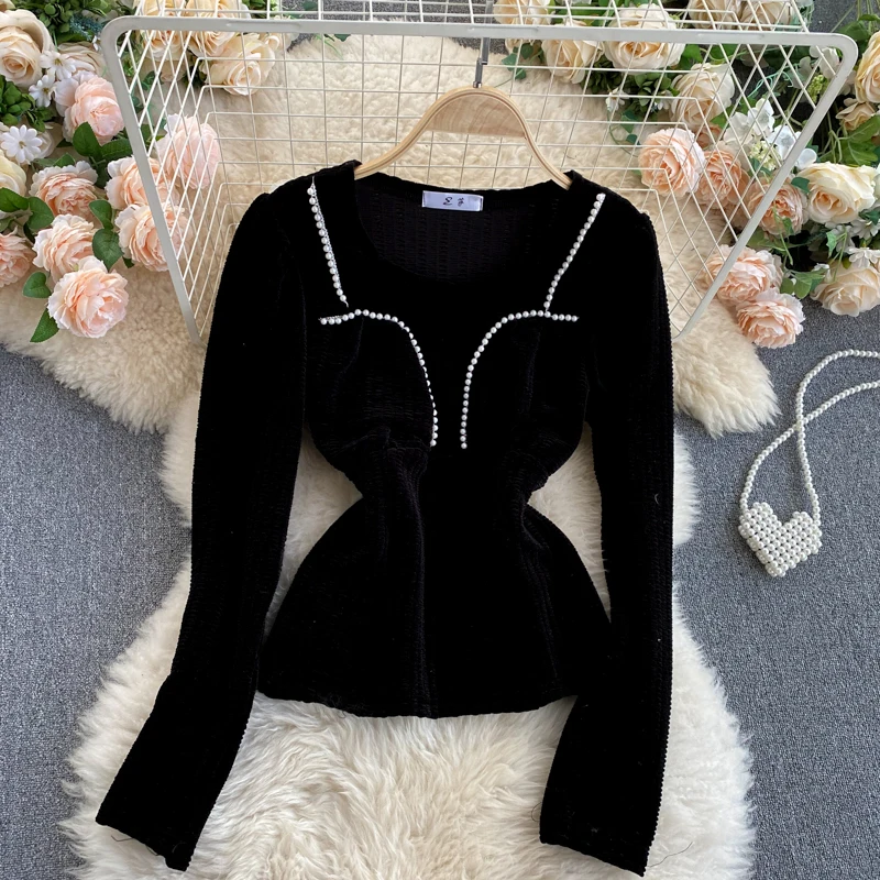 

All-match Ladies Pullover Beaded O-neck T-shirt Autumn Winter Retro Long Sleeve Beading Soft Top