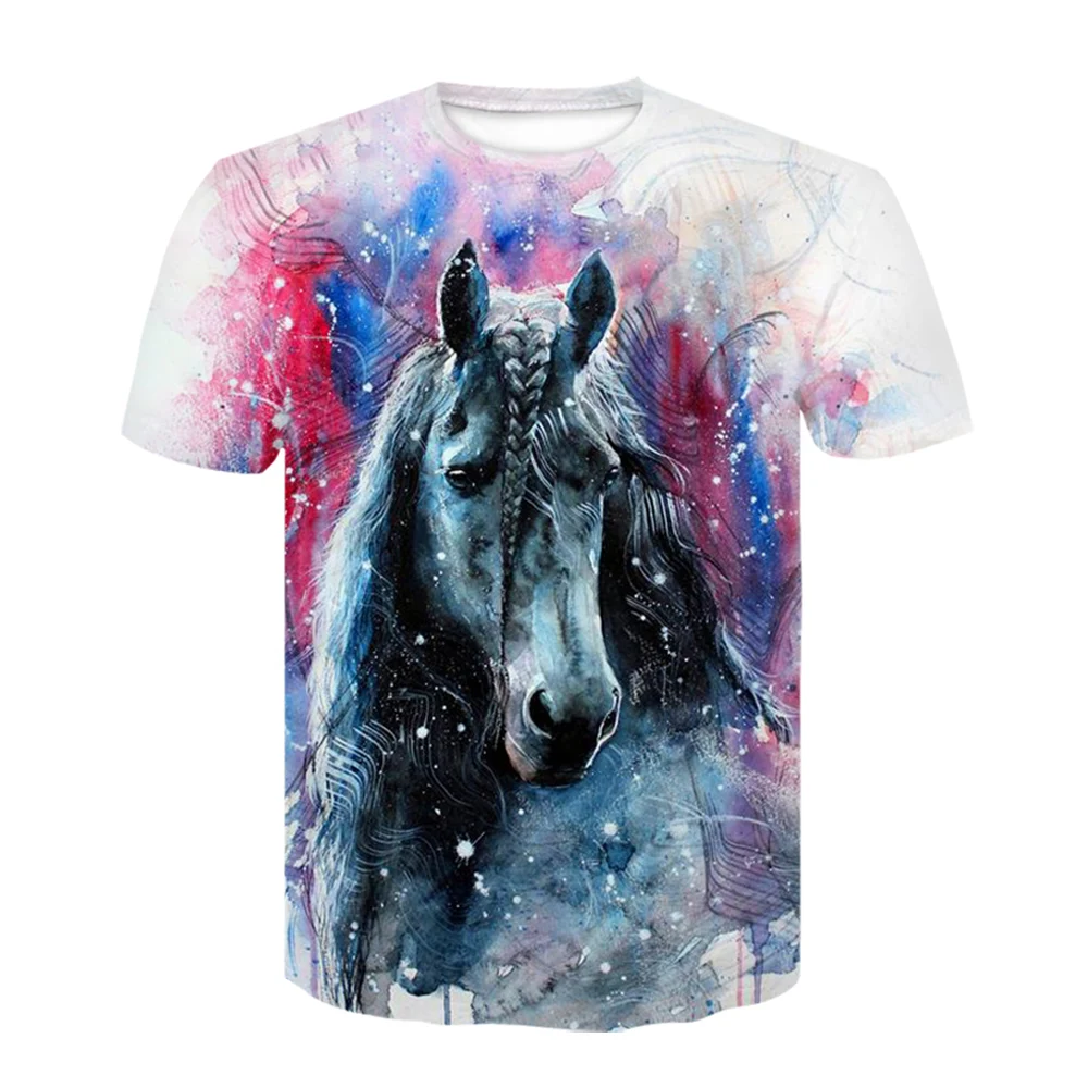 

2021 Summer New 3d Men's And Women's T-shirt Graffiti Ink Painting Horse Shirt Funny Children's Casual Short-sleeved Tops