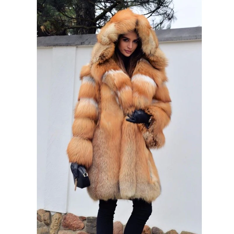 BFFUR Fashion Long Real Red Fox Fur Jackets With Hood Thick Warm Natural Fox Fur Coats For Women Luxury Fur Overcoats Plus Size
