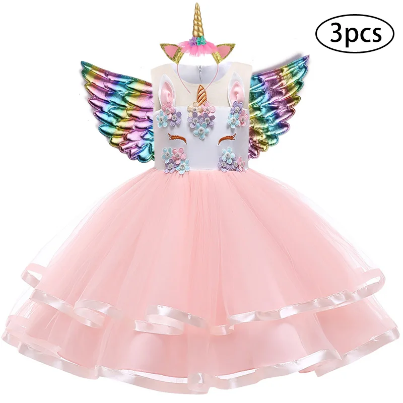 Girls Dress 3Pcs Kids Dresses For Unicorn Party Toddler Christmas Costume Child Princess 3 4 5 6 7 8 9 10 Year | Детская одежда и
