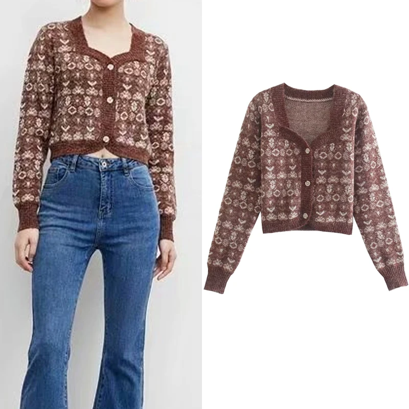 

YQML Za женский свитер винтажный вязаный кардиган Женская Осенняя мода с длинным рукавом Кардиган на пуговицах с квадратным воротником свитер