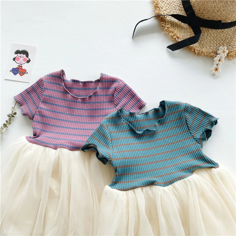 

2021 Summer Toddler Girls Ball Gown Stripe Short-Sleeve Dresses Kids Girls Fashion Mesh Princess Dress Children Clothing