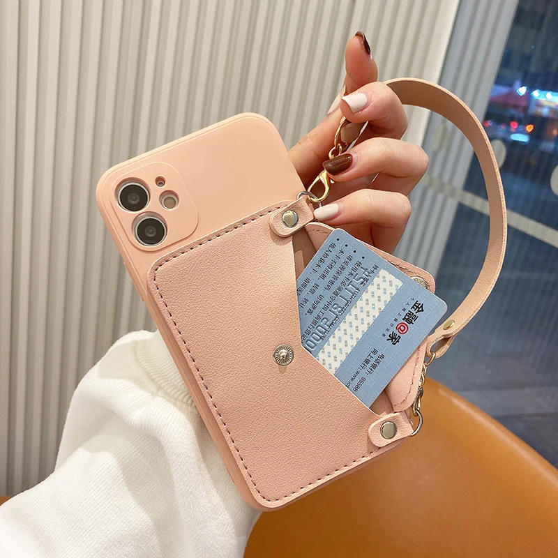 

Luxury Square Liquid Silicone Card Holder Lanyard Phone Case For iPhone 12 11 Pro Max SE XS XR X 8 7 Plus Cute Straight Cover