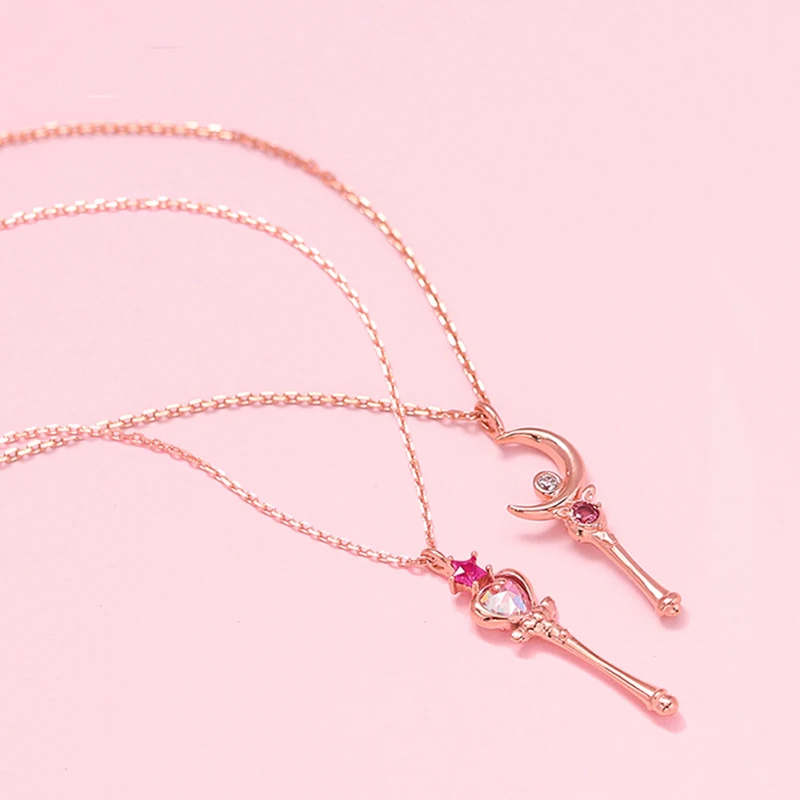 Sailor mond kristall stick 925 silber anhänger halskette schmuck Tsukino Usagi Sailor Chibimoon Rosa Mond Stick