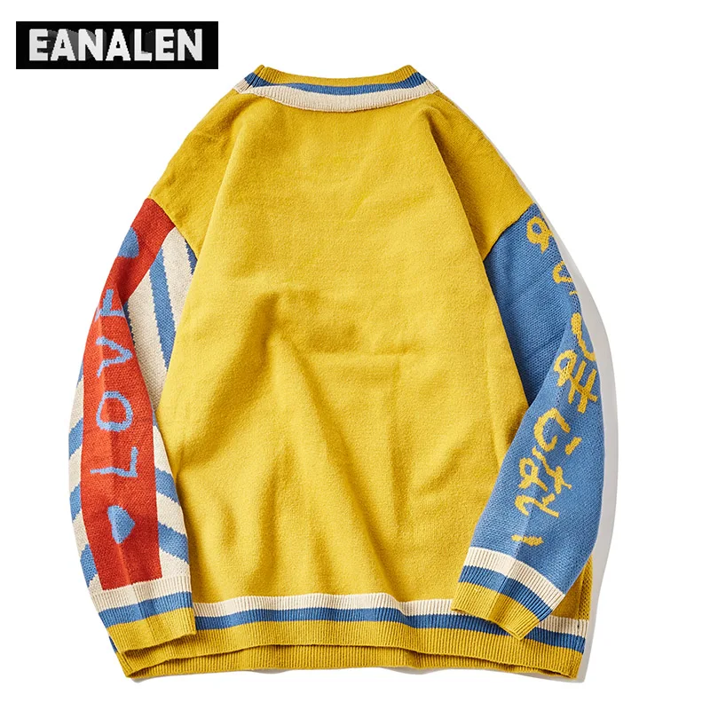 Винтажный желтый свитер в стиле Харадзюку мужской модный вязаный пуловер