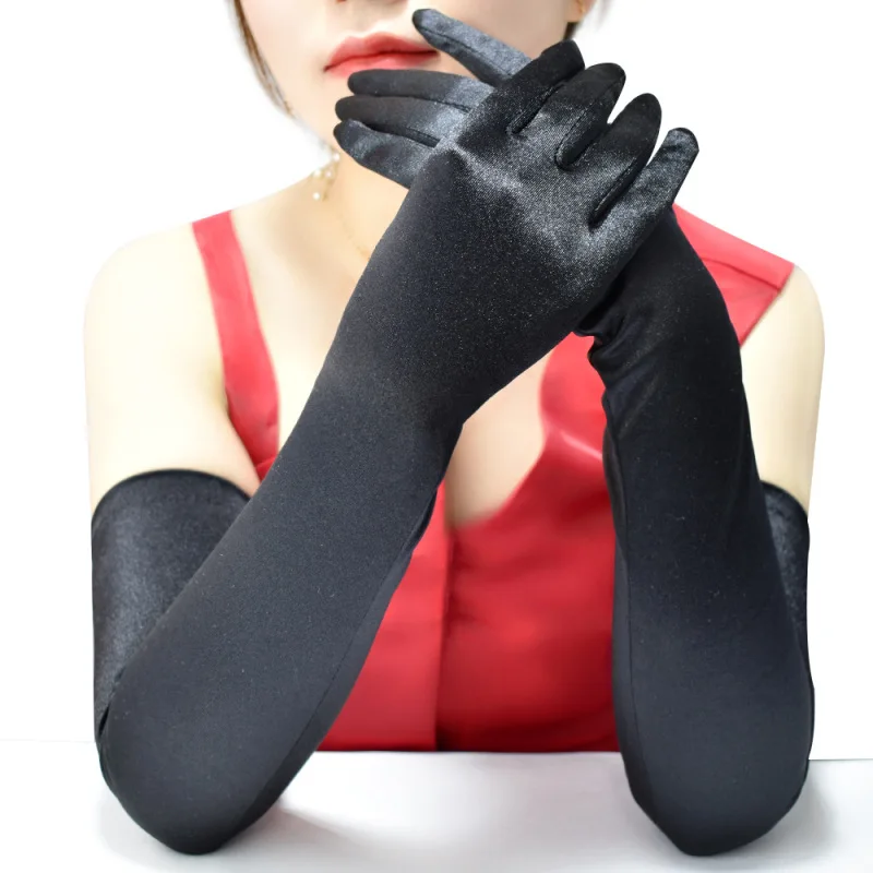 

Women Imitate Satin Solid Dance Party Gloves Performance Show Cosplay Retro Style Female Elegant Long Section Thin Gloves