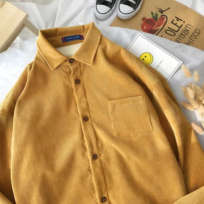 Корейская винтажная Хлопковая мужская рубашка свободная однотонная желтая с