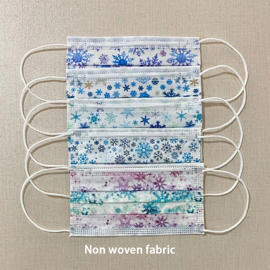 

50pcs Disposable Adult Mask Snowflake Printing 3-layer Non-woven Dustproof Breathable Filter Hanging Ear Mask