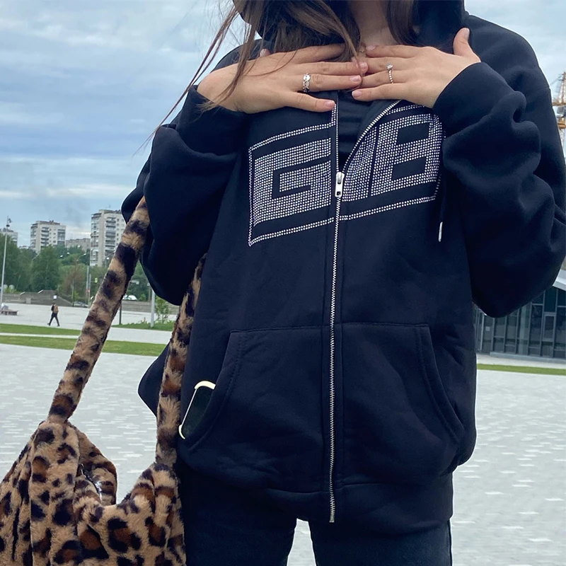 Autumn Winter Y2K Fashion Rhinestone Letter Print Hoodies Women Zip Up Long Sleeve Oversized Black Sweatshirts Casual Streetwear