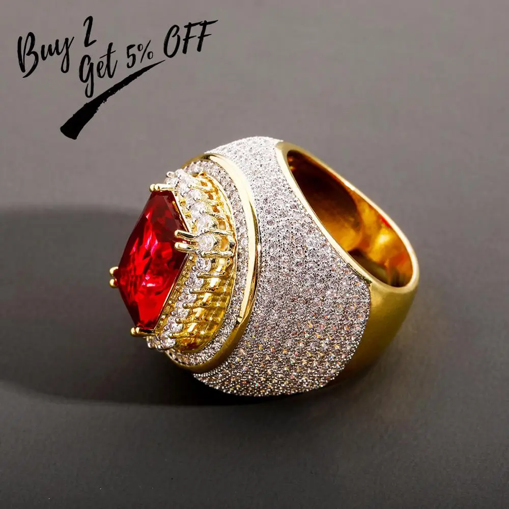 TOPGRILLZ Hip-Hop Classic Gold Color Plated Cubic Zircon Big Red Stone Ring Personality Fashion Men Women Jewelry Lover Gift | Украшения и
