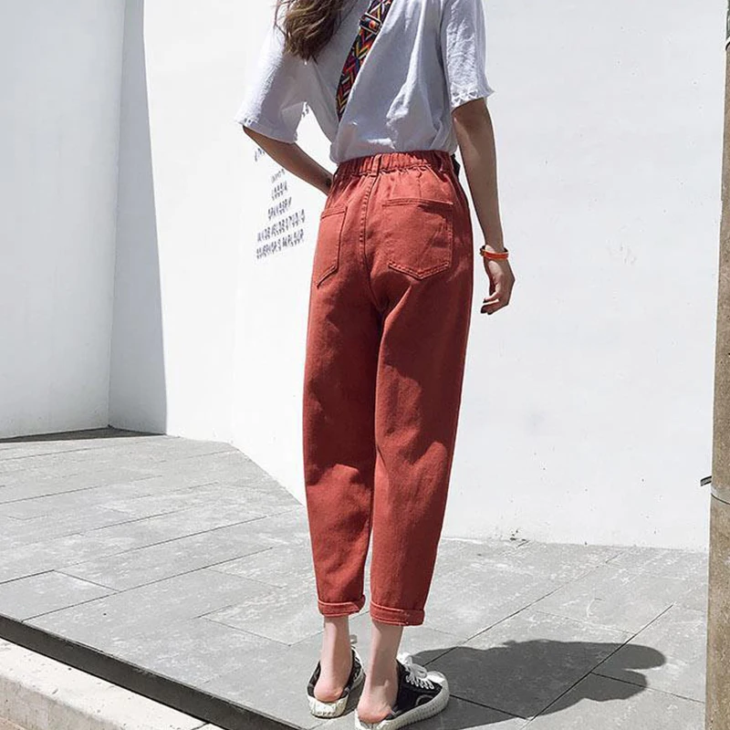 

Winter Jeans Women Thickening Solid High Waist Loose Warm Soft Denim Pockets Ulzzang Simple College Students All-match Females