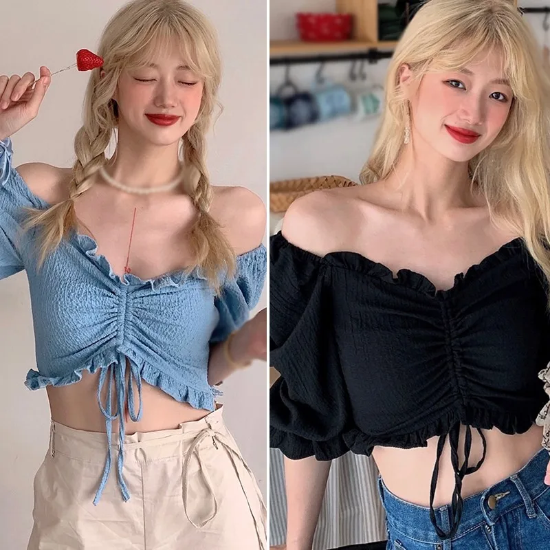 

Five-Sleeved Shirt Tops Summer Shirts Slash Neck Casual Version Sweet Sexy Exposed Navel Tops Solid Color New