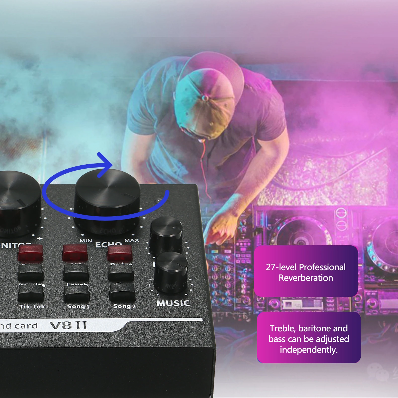 

V8II Live Sound Card BT Accompaniment Audio Mixer with Sound Effects Broadcasting Recording Network Singing on Phones Laptop