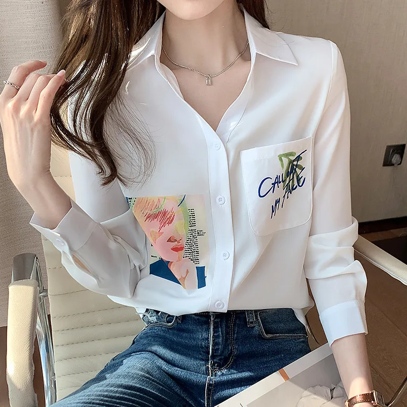 

Yg Brand Women's Wear, 2021 New Women's Long Sleeve Top, Casual V-neck Printing Chiffon Shirt, Design Sense Small Fresh Small Sh