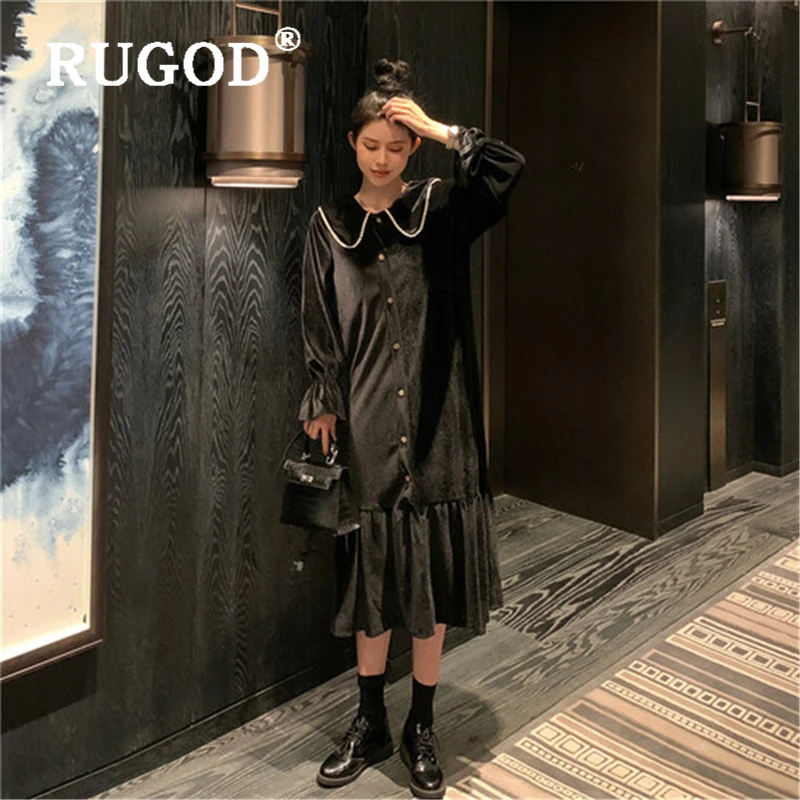 RUGOD корейское шикарное однотонное женское платье винтажное однобортное