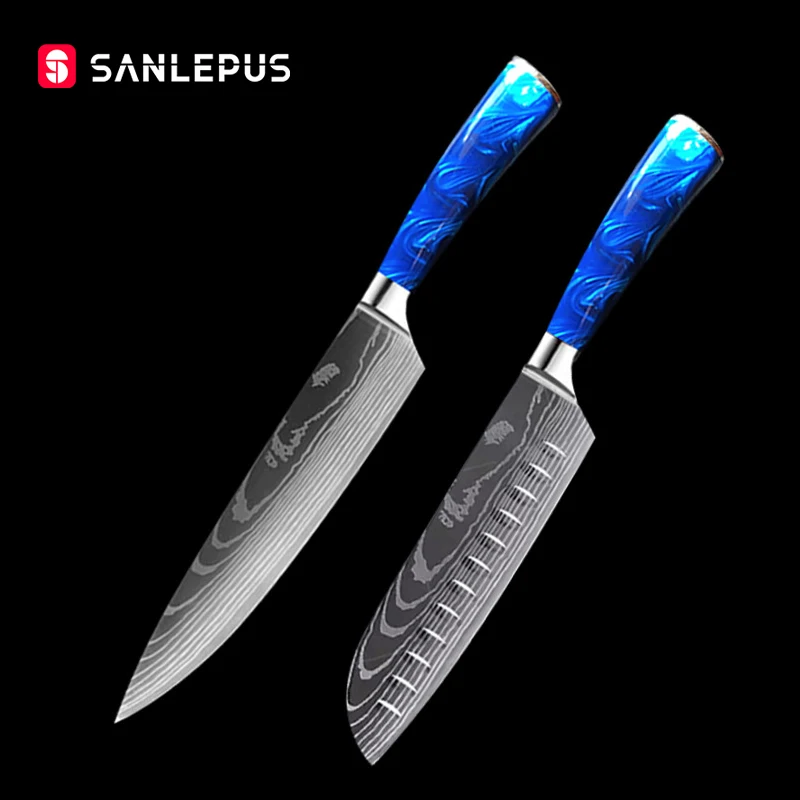 SANLEPUS 2PCS Kitchen Knives Set Laser Damascus Pattern Chef Knife Sharp Santoku Cleaver Slicing Utility Resin Handle | Дом и сад