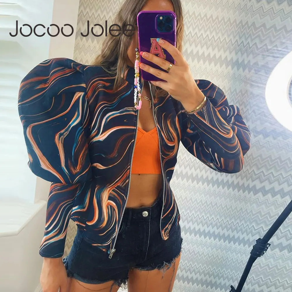 

Jocoo Jolee Puff Sleeve Slim Coat Europe Y2K Print Zipper Jackets Vintage Cropped Outwear Elegant Autumn Long Sleeve Cardigan