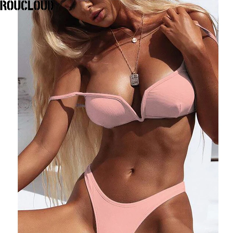 Женский купальник-бикини однотонный купальник пуш-ап с глубоким v-образным