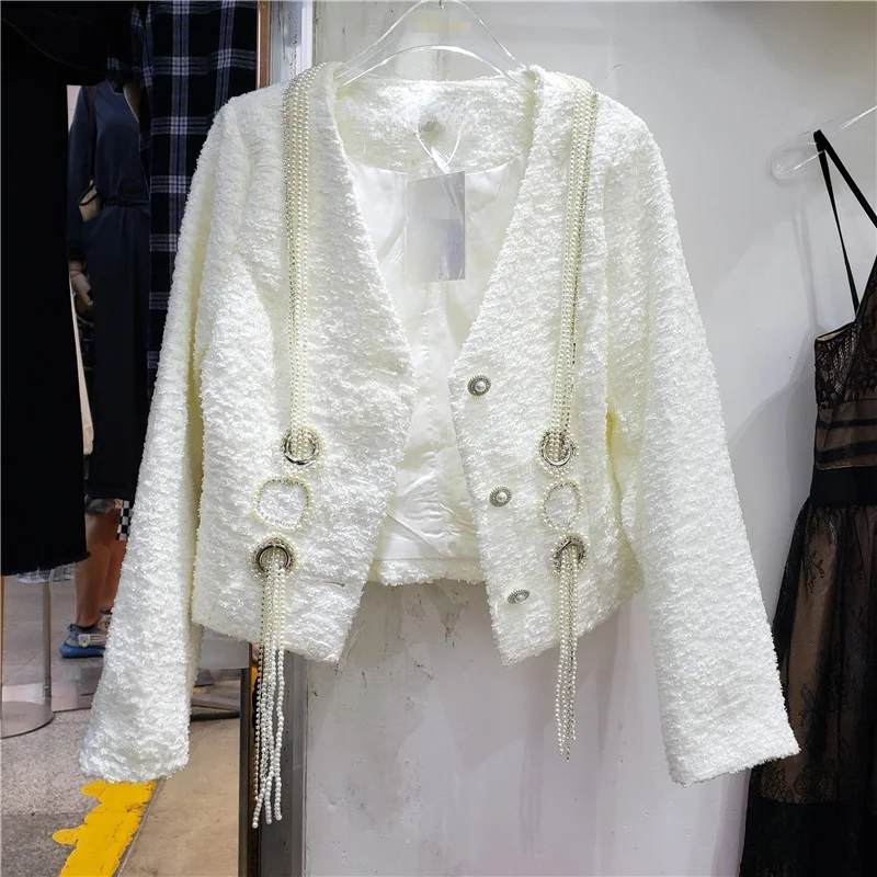 Lady Chic Tweed Jacket Pearl Tassel Beaded Short Coat for Women Autumn Top White Street Long Sleeve Casaco Feminino