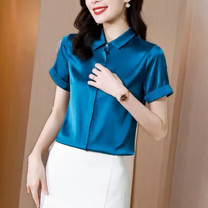 Women's Shirt Women's Clothing 2021 Women Satin Solid Shirt Blue Dropshipping Polo Neck Blouse Top Female Button Up Basic Shirt 10 item image