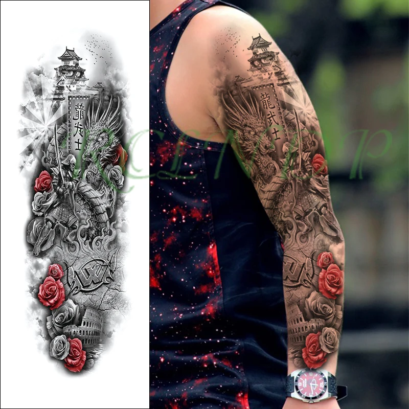 Водонепроницаемая Временная тату-наклейка цветок воин Дракон башня китайская