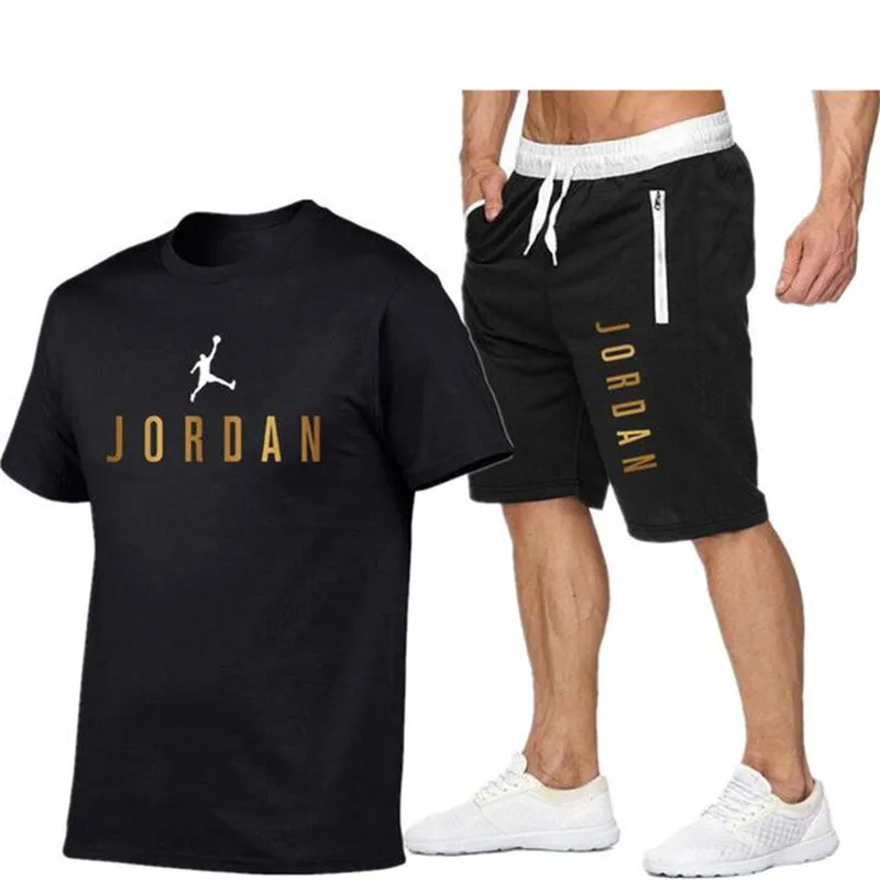 

Spring And Summer Season Men's Jordan Print Casual Comfortable Round Neck Loose Short Sleeve + Casual Lace up Sports Shorts Zipp