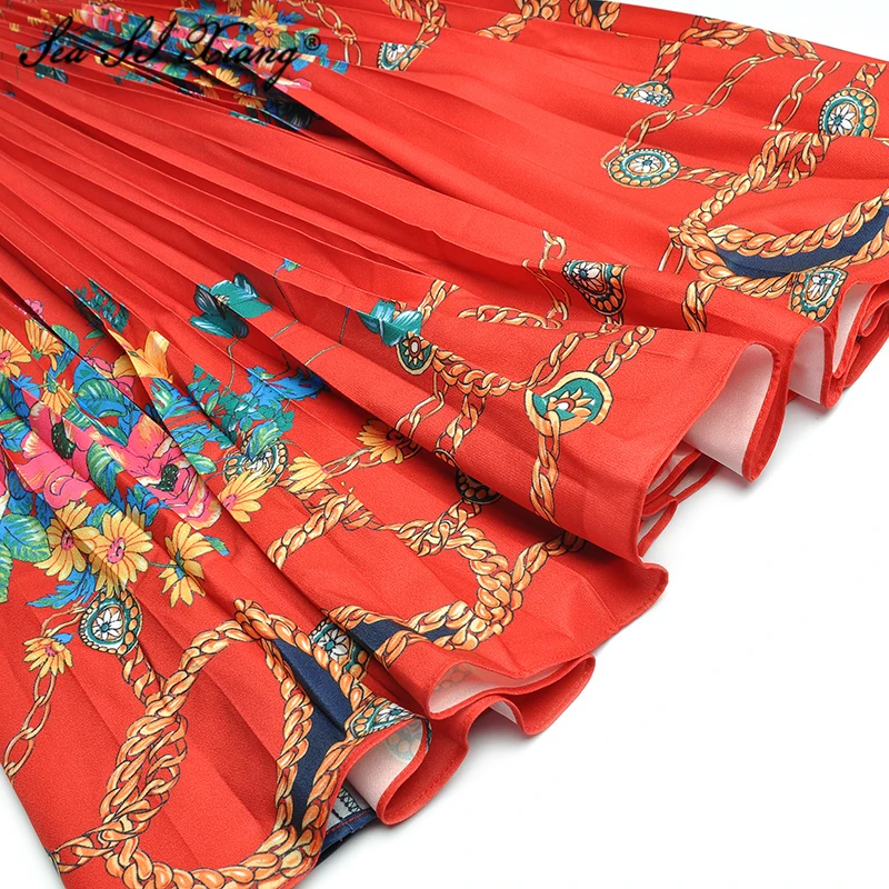 

Seasixiang Fashion Designer Spring Dress Women's Long Sleeve Bow Collar Floral Print Lndie Folk Pleated Dresses