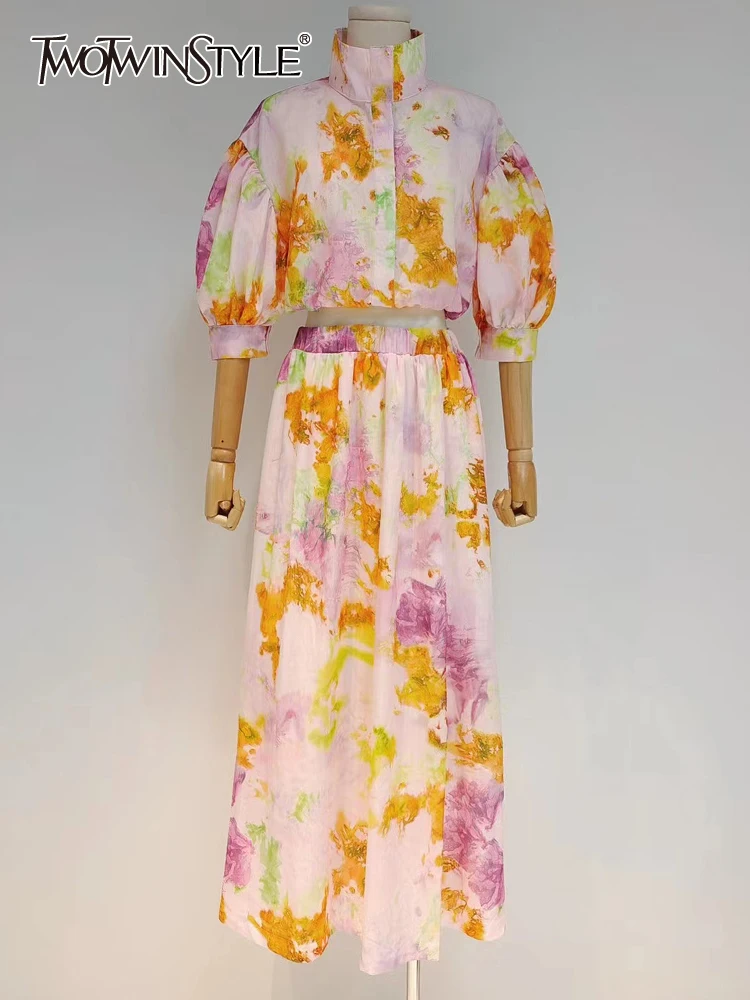 

TWOTWINSTYLE Loose Two Piece Set Womens Turtleneck Puff Short Sleeve Tops High Waist A Line Midi Skirts Female Sets Fashion New