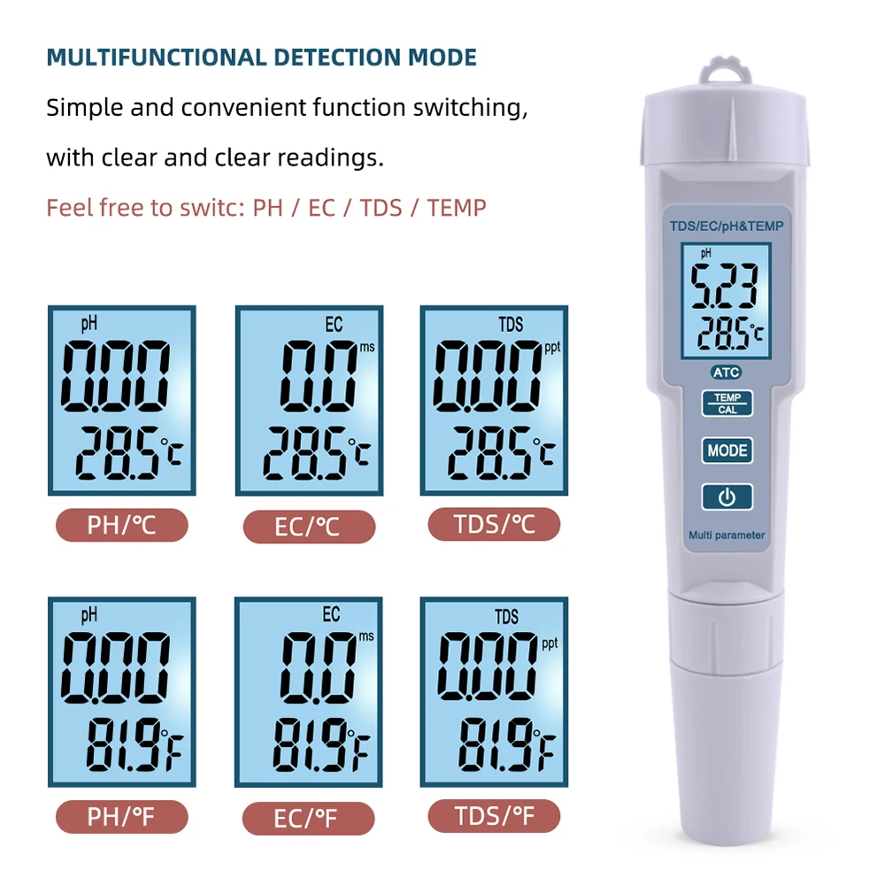 

Water Quality Test Meter 4 in 1 PH/EC/TDS/Temp Meter High Precise Measurement Range LCD Display Measure for Water Aquarium