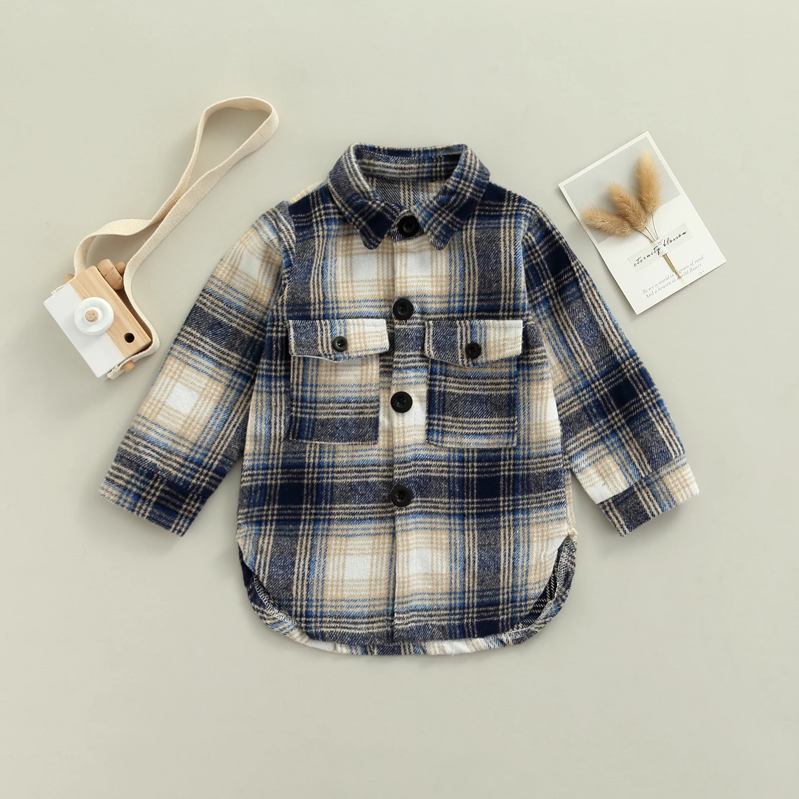 

Children's Clothing Plaid Printed Shirts Loose Fit Long Sleeve Irregular Hem Coat Pockets Toddler Girls Boys Spring Fall 18M-6T