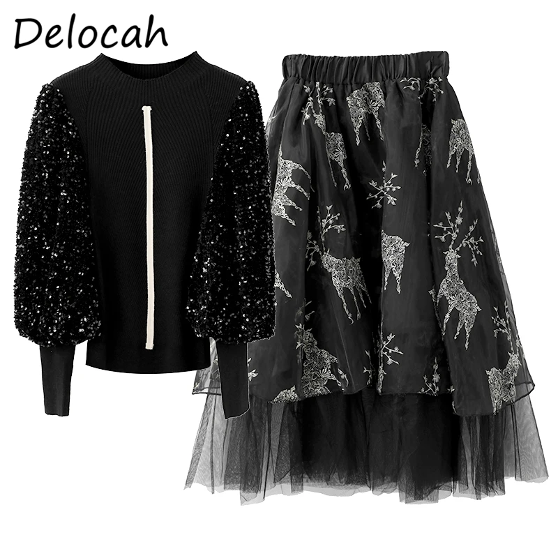 

Delocah Women Summer Fashion DesignerSkirt Set Lantern Sleeve Loose Sweaters + High Waist Mesh A-Line Skirts 2 TwoPiecesSuits
