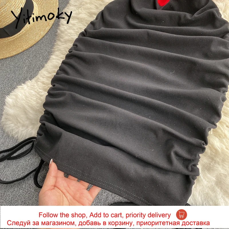 

Yitimoky High Waist Sexy Spaghetti Strap Dresses Women Folds Contrase Color Sleeveless A-Line Clothing 2021 Summer Fashion New