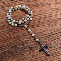 natural 8mm amazonite beads catholic christ rosary necklaces hematite cross pendant men necklace meditation mala jewelry