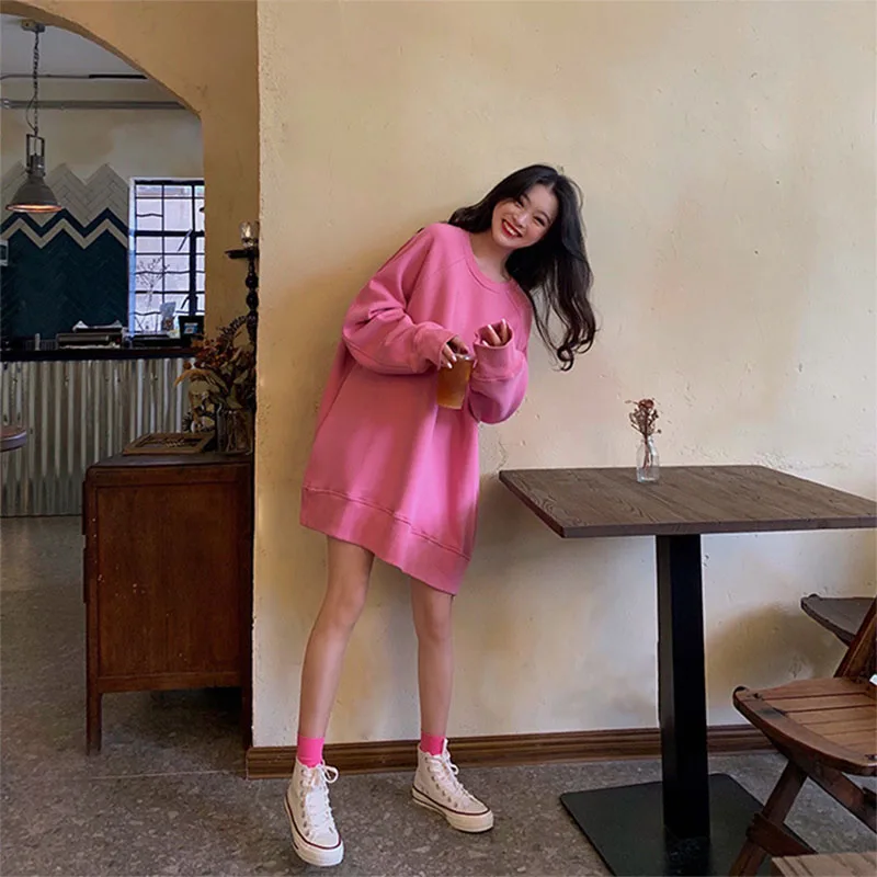 

Fleece Hoodie Tunique Longue Femme Oversized Pastel Pink Korean Clothes Plus Size Women Long Sleeve Pullover Sweatshirt Tops