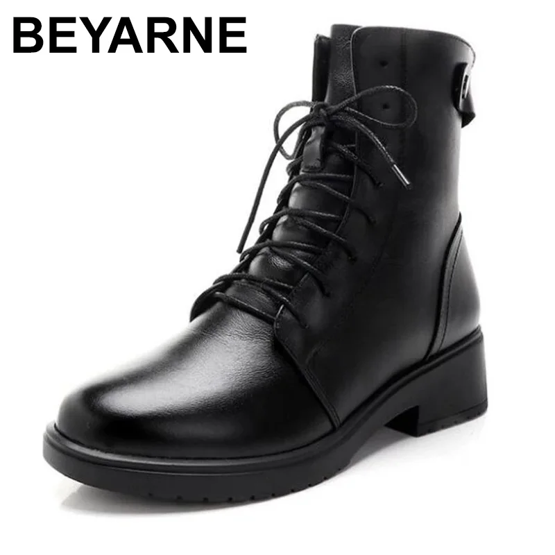 

BEYARNE Size 35-43 Winter Warm Martin Boots Women Genuine Leather Mid Heel 4.5CM Plush Casual Lace-Up Short Boots Women Black