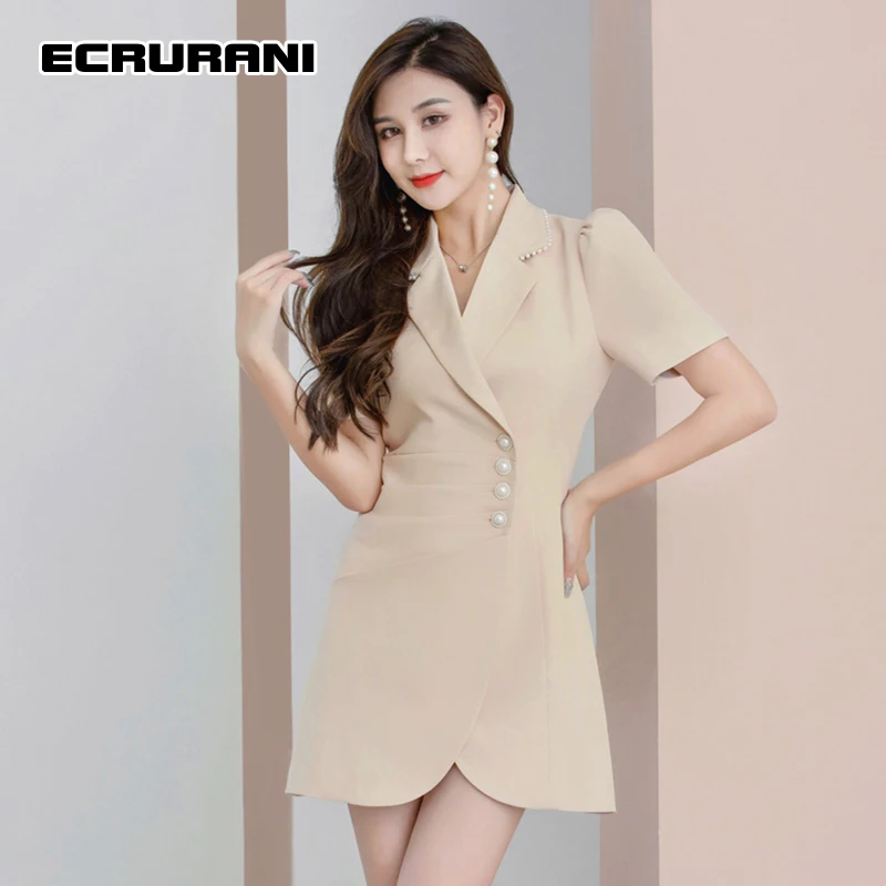 

ECRURANI Apricot Elegant Dress For Women Notched Short Sleeve High Waist Slimming Solid Mini Dresses Female 2021 Autumn Clothing