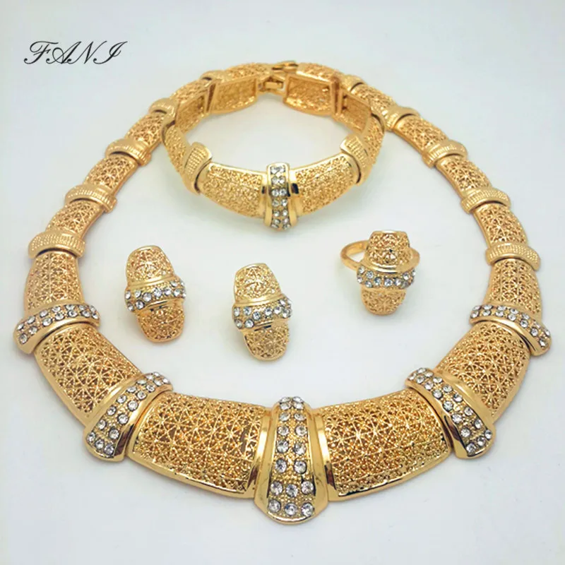 

Fani Dubai Gold Bridal Jewelry Set Brand Nigerian Wedding woman accessories Necklace/Earrings/Bracelet/Ring jewelry set