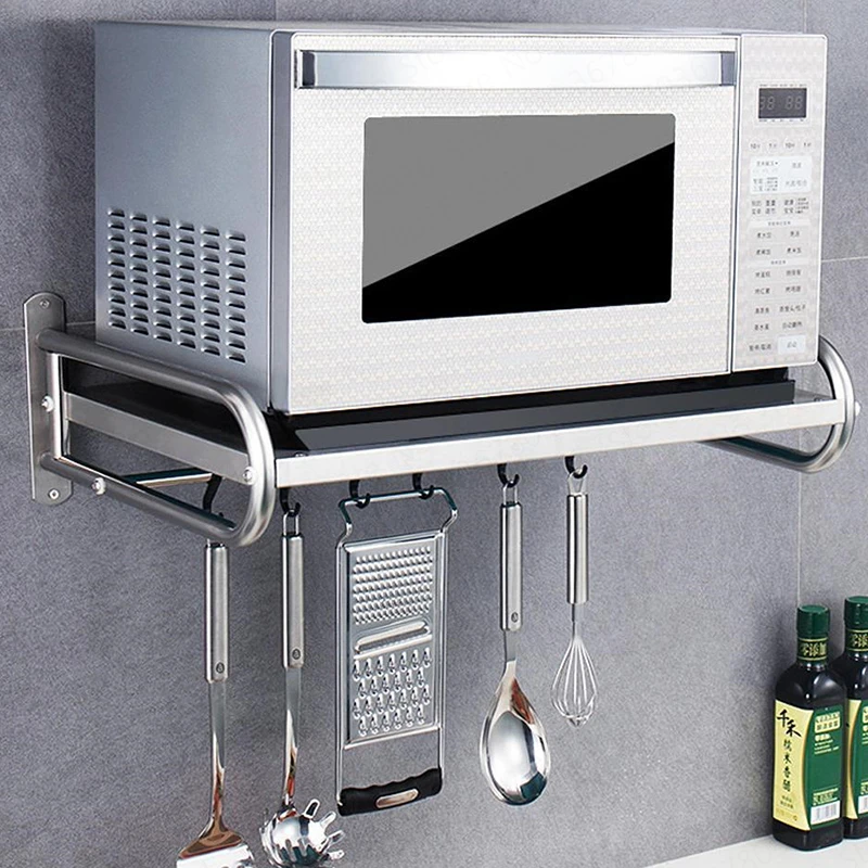 

New 2Layer Stainless Steel Microwave Oven Rack Wall-mounted Oven Shelf Household Kitchen Supplies Thick Bracket Shelf Organizer