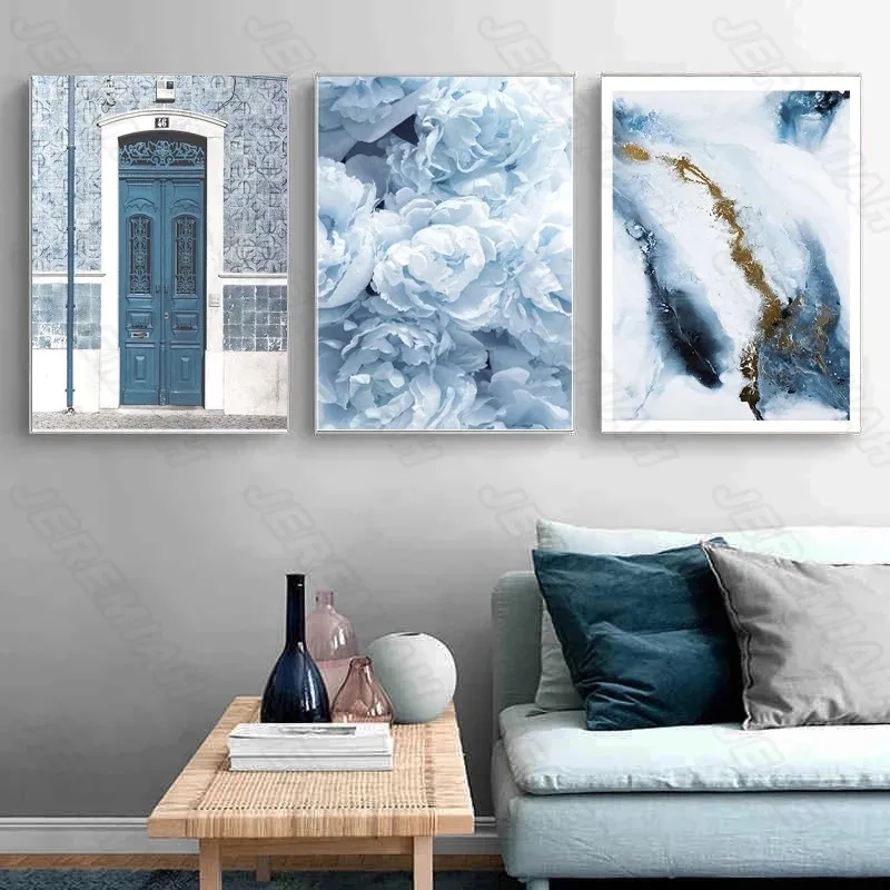 

Blue Flower Door Letter Landscape Poster Nordic Style Wall Art Canvas Print Painting Modern Living Room Decoration