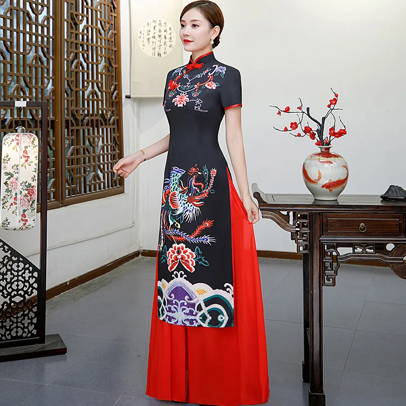 Большие размеры 3XL 4XL 5XL китайские традиционные женские Aodai вышивка цветок Qipao