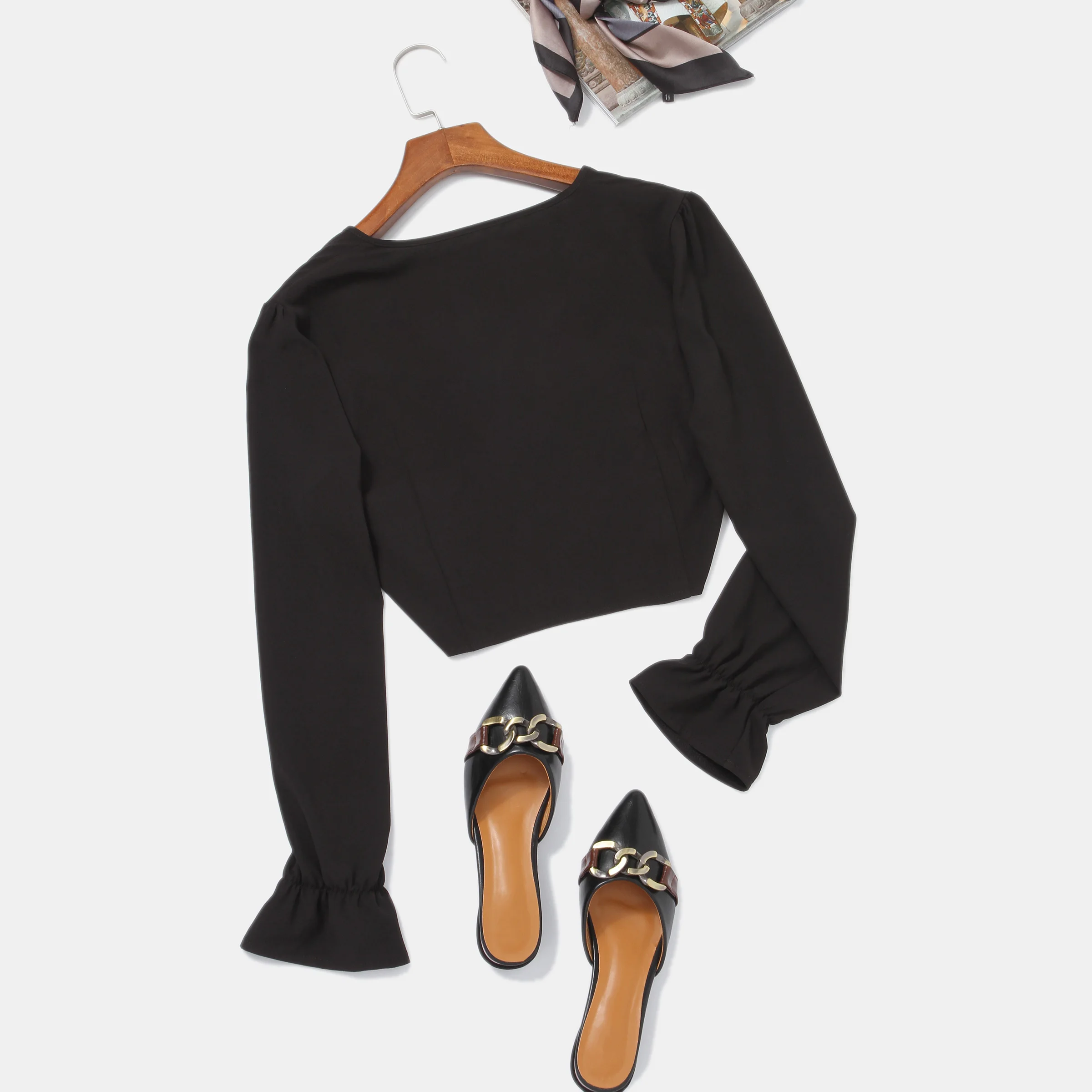 Женская модель сексуальная Осенняя черная Свободная блузка в стиле бохо с