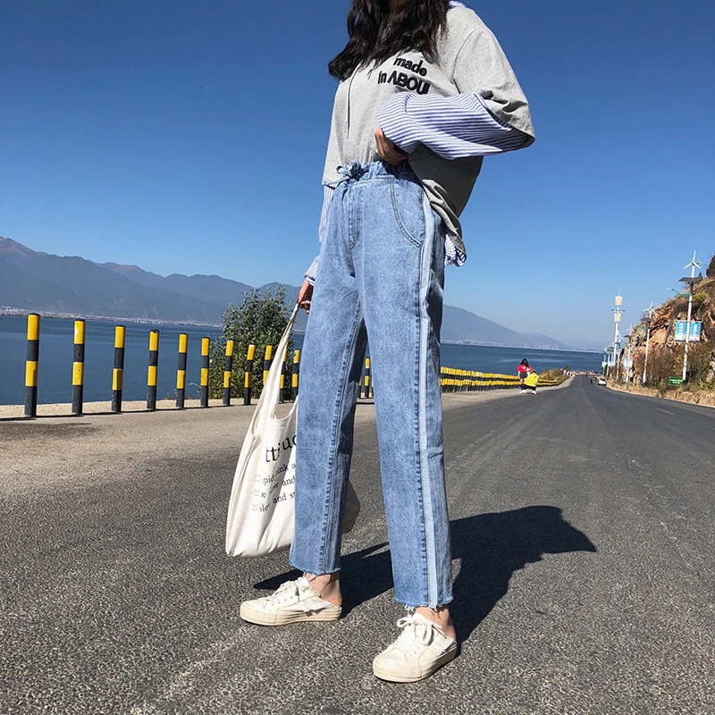 Light blue Ранняя осень новые свободные удобные эластичные талии прямые джинсы женские модные трендовые старые широкие брюки женские - Цвет: Light blue