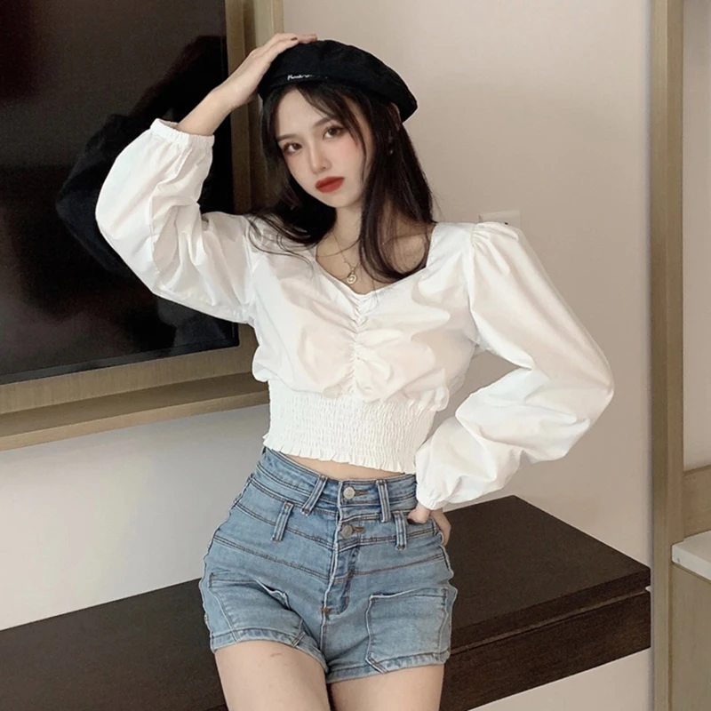 Изящная рубашка с пышными рукавами и квадратным вырезом плиссированная