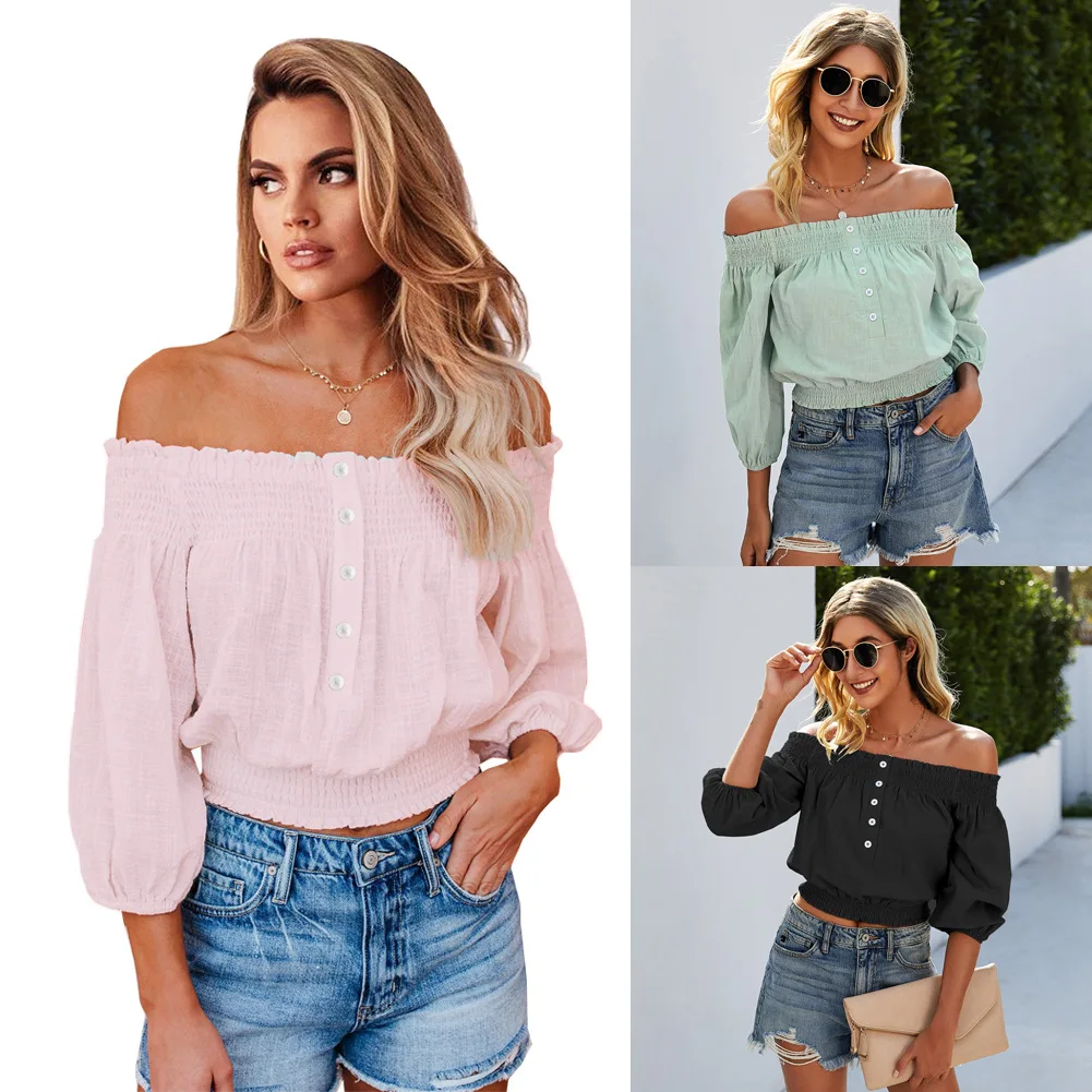 

2021 Off Shoulder Women Blouses Sexy Ruched Ruffles Shirt Spring Summer Streetwear Top Female Boat Neck Blusas Mujer De Moda