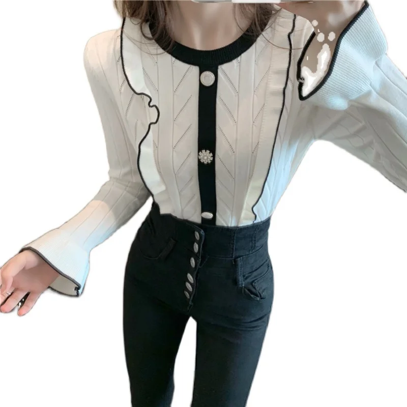 

Autumn and winter round collar falbala sweater han edition of the new web celebrity agaric lace sweater base coat female